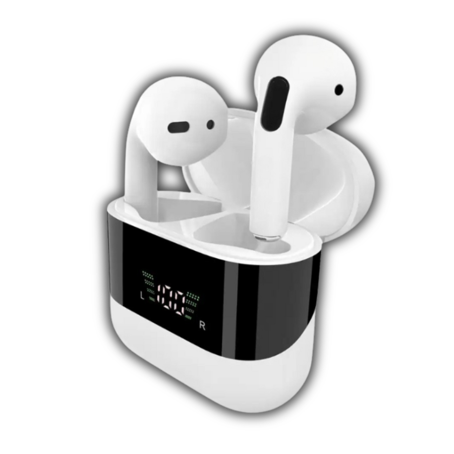 Angled view of BT-008 wireless earbuds and charging case with battery display