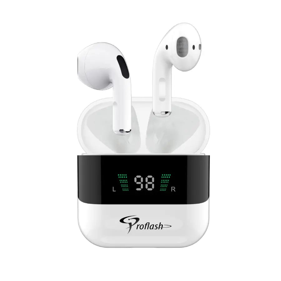 Wireless earbuds with digital battery display case showing battery levels on a white background, branded "Proflash".