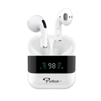 Wireless earbuds with digital battery display case showing battery levels on a white background, branded "Proflash".
