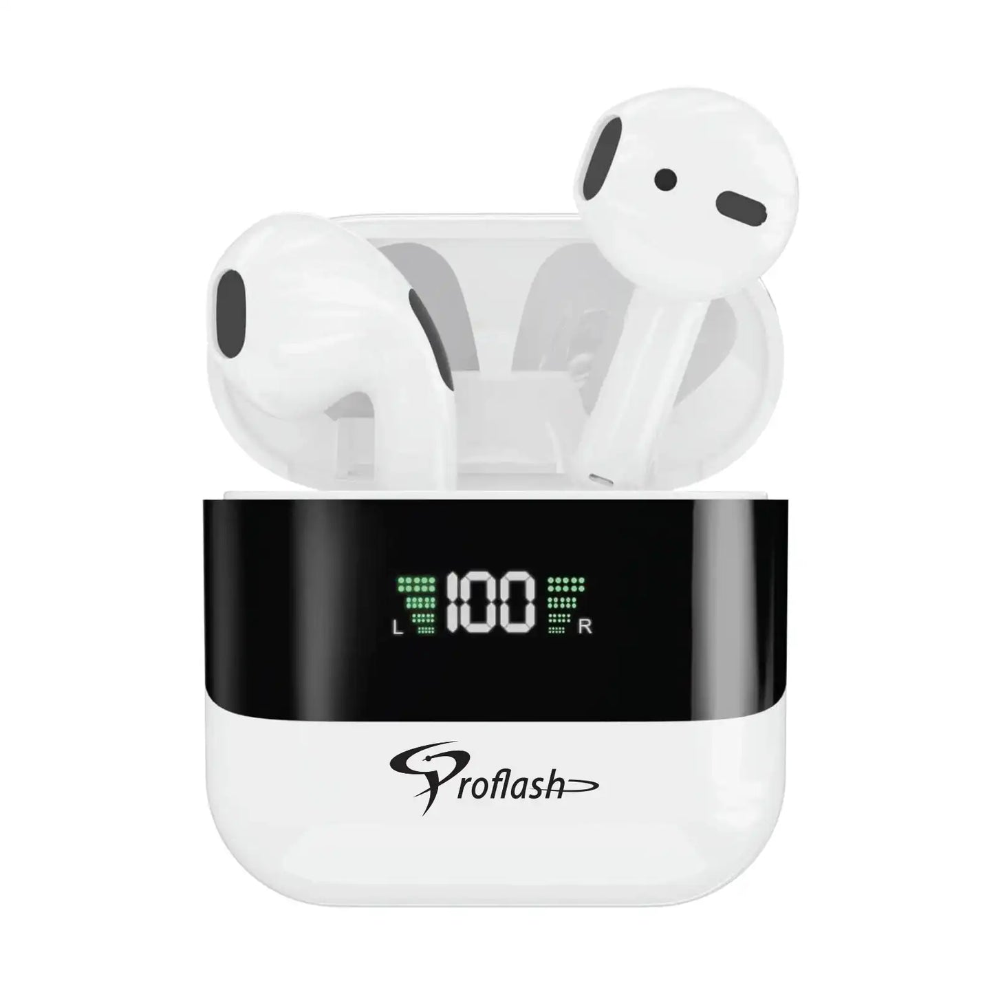 BT-008 wireless earbuds in an open charging case with visible digital battery display