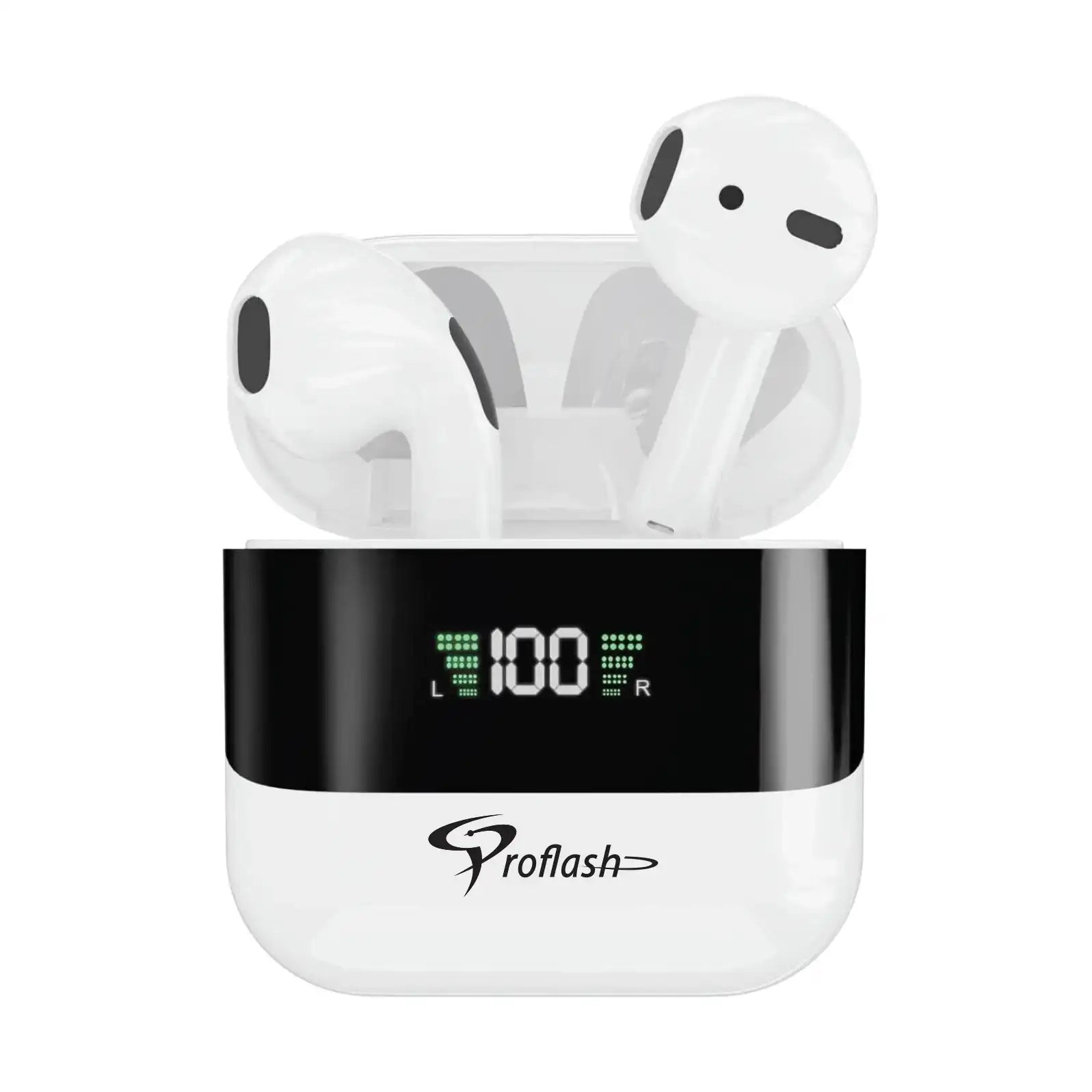 BT-008 wireless earbuds in an open charging case with visible digital battery display