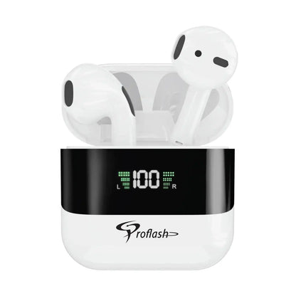 BT-008 wireless earbuds in an open charging case with visible digital battery display