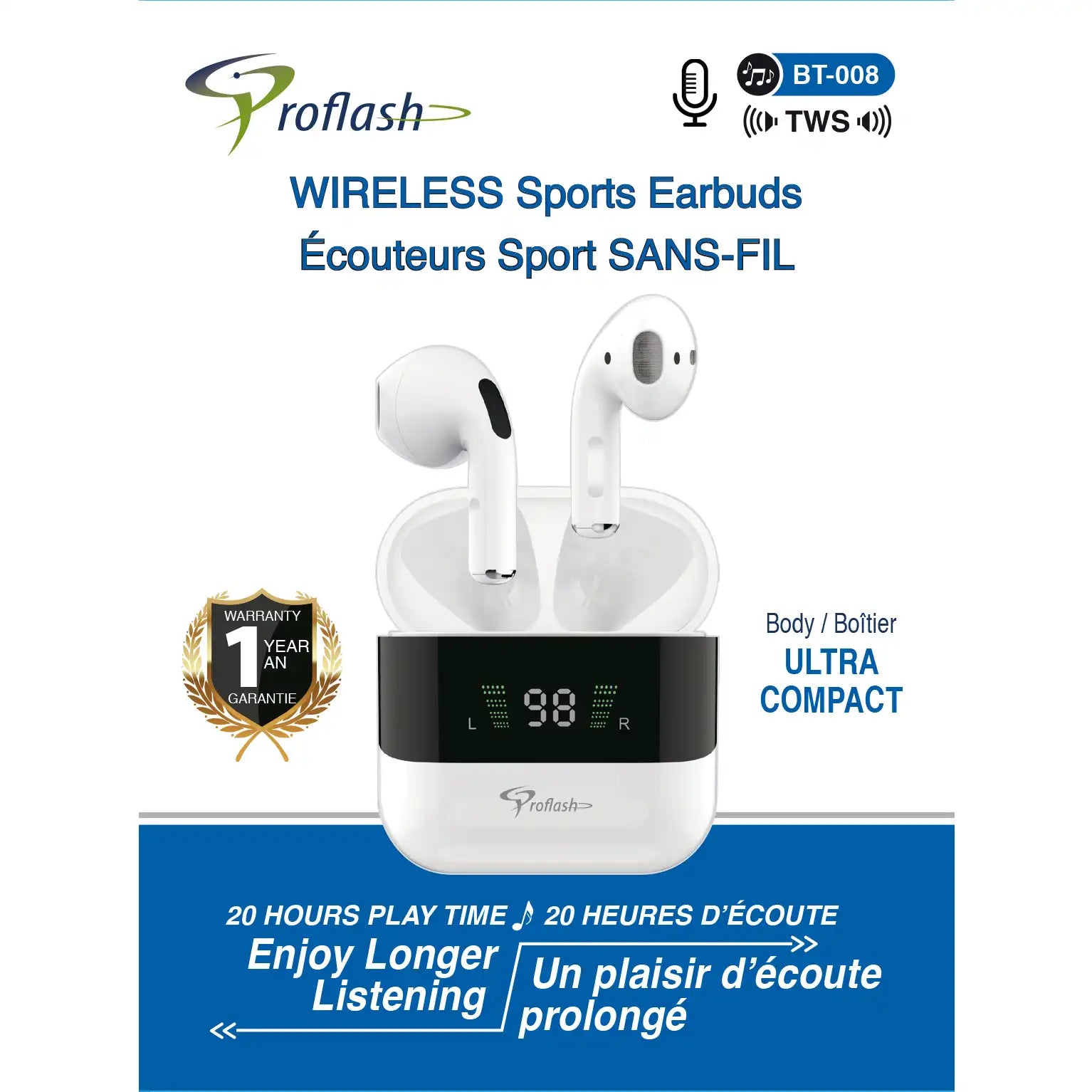 BT-008 wireless earbuds retail packaging with charging case and battery display feature