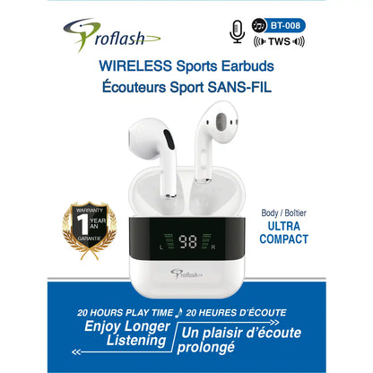BT-008 wireless earbuds retail packaging with charging case and battery display feature