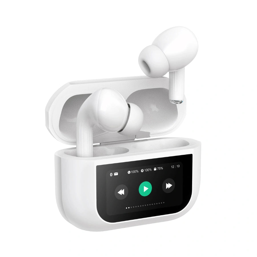 BT-018 wireless earbuds with LED display charging case on a white background
