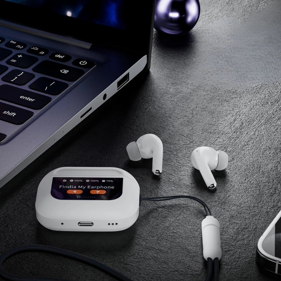 Angled view of BT-018 wireless earbuds and LED display charging case