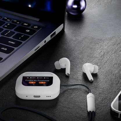 Angled view of BT-018 wireless earbuds and LED display charging case