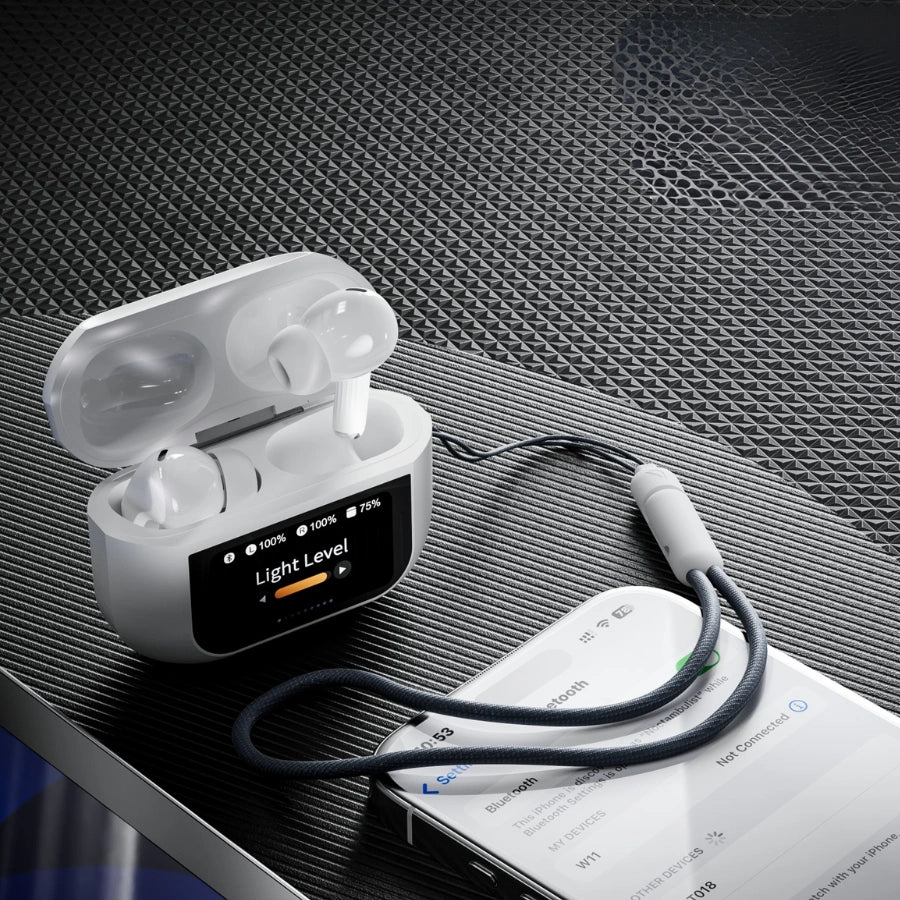 Close-up of BT-018 charging case with LED display and smart touchscreen functions