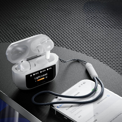Close-up of BT-018 charging case with LED display and smart touchscreen functions