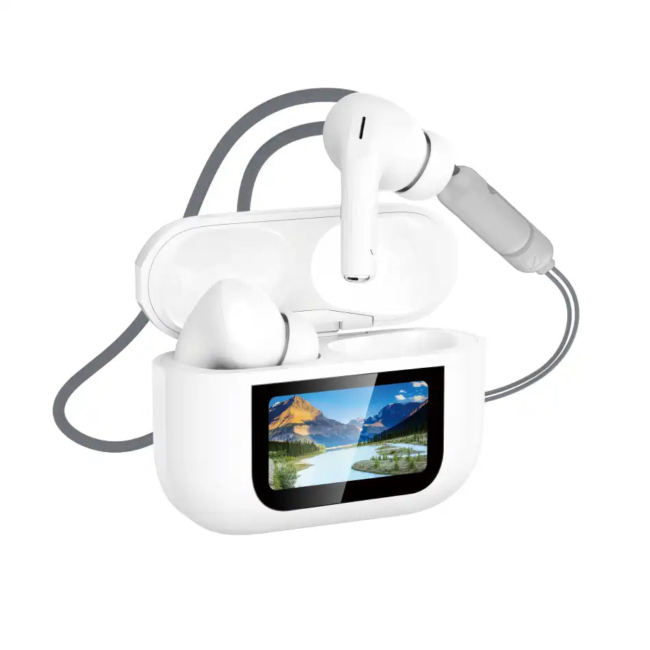 BT-018 wireless earbuds in an open LED display charging case