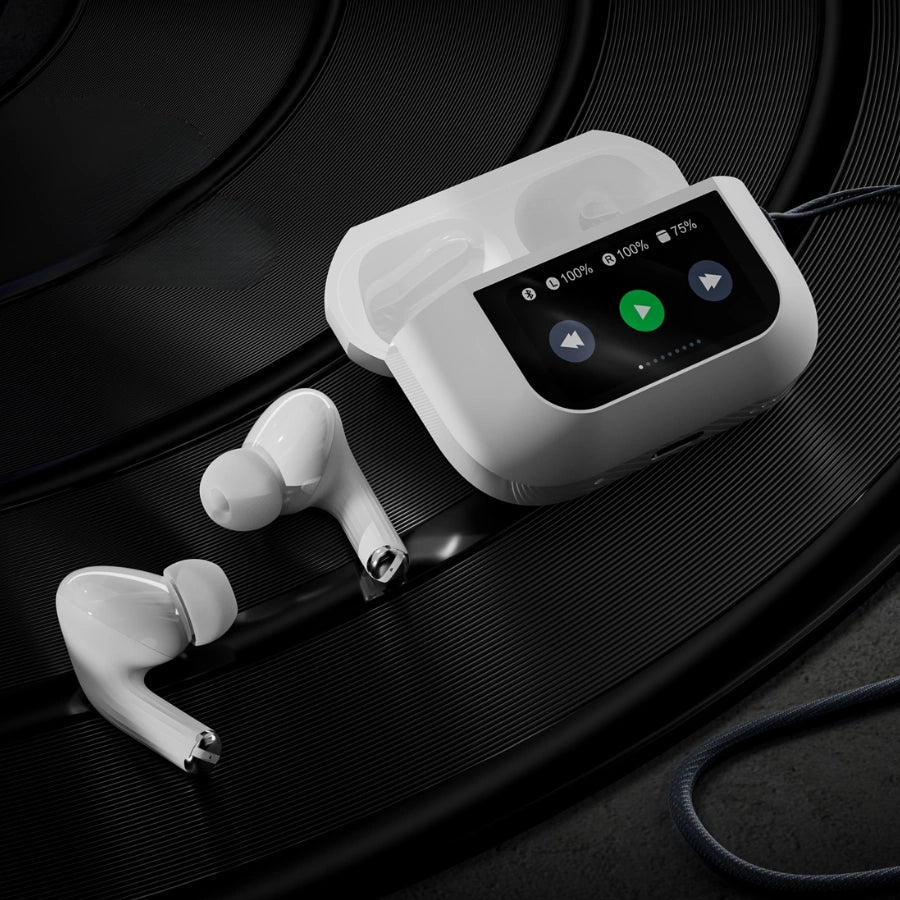 BT-018 smart charging case showing LED display and control functions