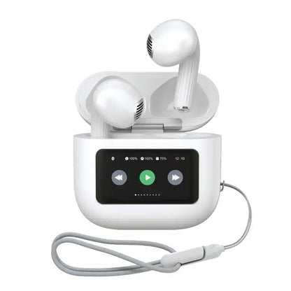 BT-019 wireless earbuds with LED screen charging case on a white background