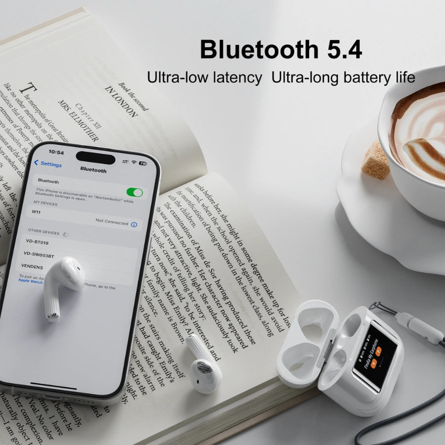 Angled view of BT-019 wireless earbuds and LED screen charging case