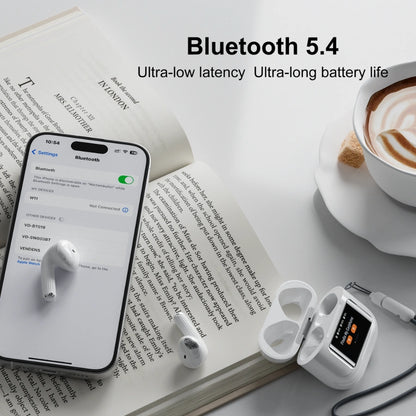 Angled view of BT-019 wireless earbuds and LED screen charging case