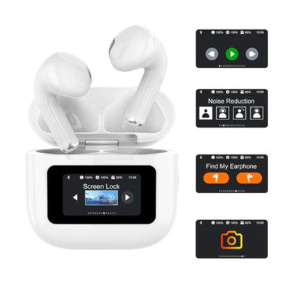 BT-019 wireless earbuds in an open charging case with LED screen display