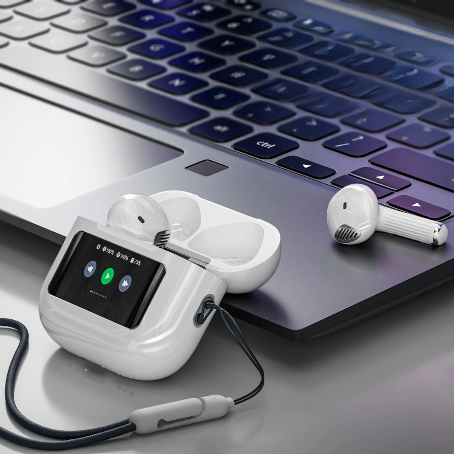 BT-019 wireless earbuds retail packaging with LED screen case and ANC features