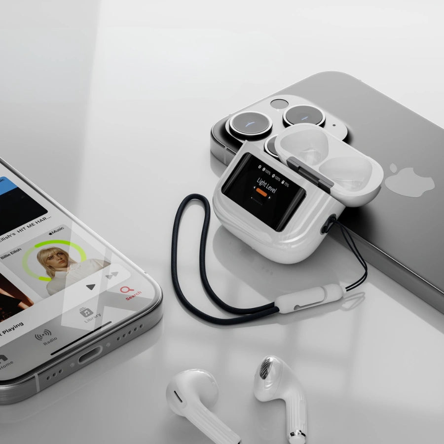 BT-019 wireless earbuds charging case showing LED screen functions and battery display