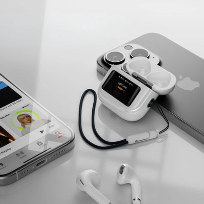 BT-019 wireless earbuds charging case showing LED screen functions and battery display