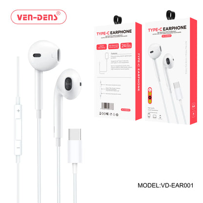 EAR001 white Type-C wired earbuds with 1.2 m cable for calls and music