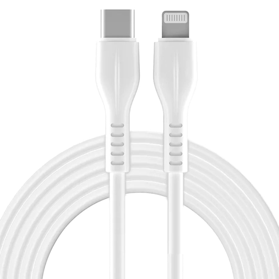 White Type-C to Lightning charging cable shown coiled on a light background