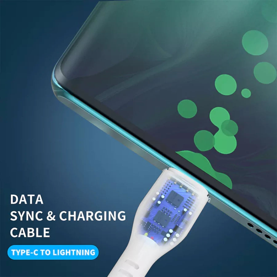 Promotional image showing a Type-C to Lightning charging cable with phone graphic and connector detail