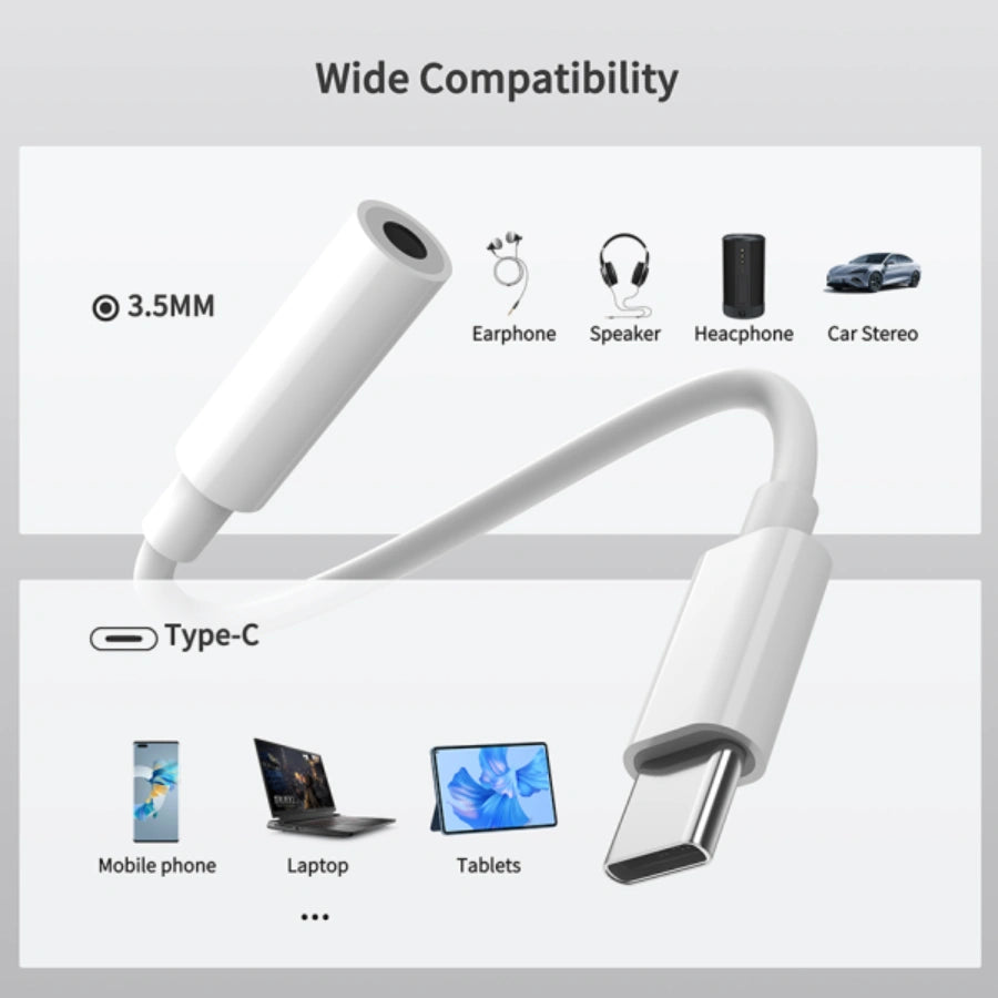 Compatibility graphic for a white USB-C to 3.5mm audio adapter showing supported device types