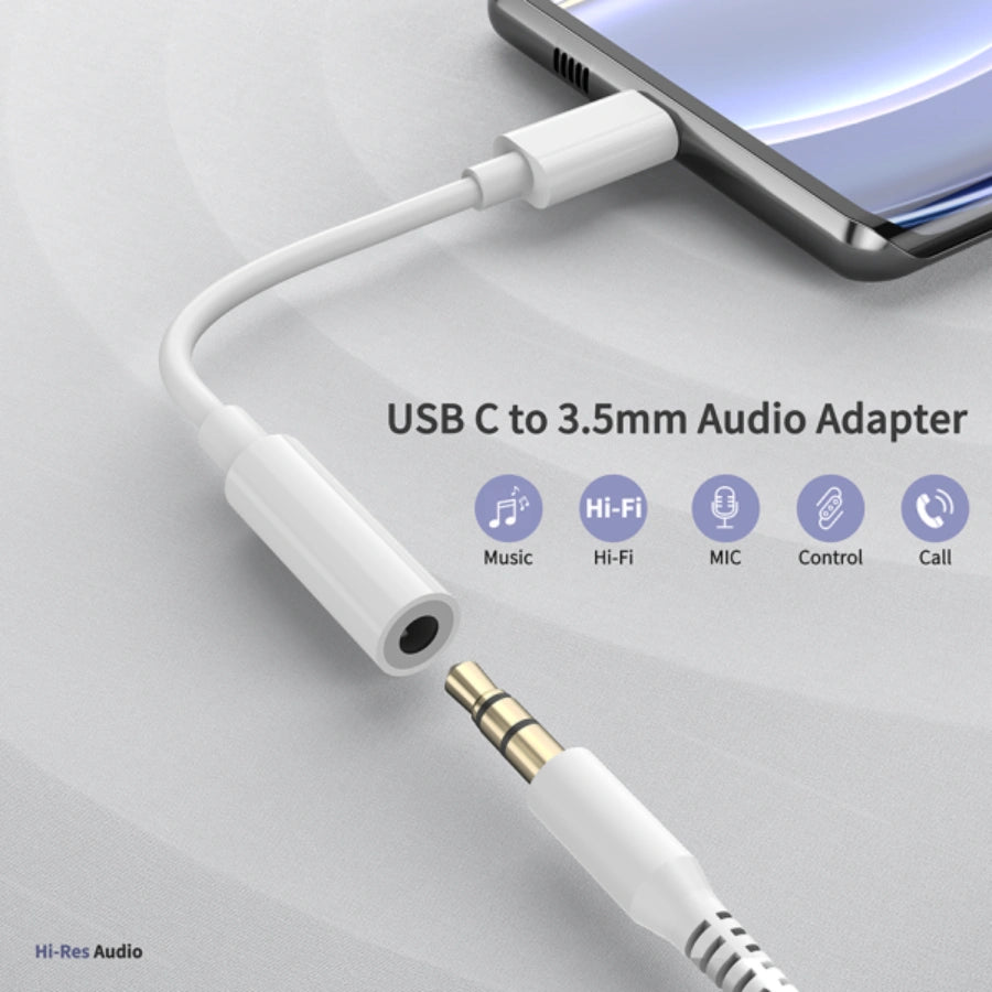 Feature image showing a white USB-C to 3.5mm audio adapter connected to a 3.5mm plug with support icons