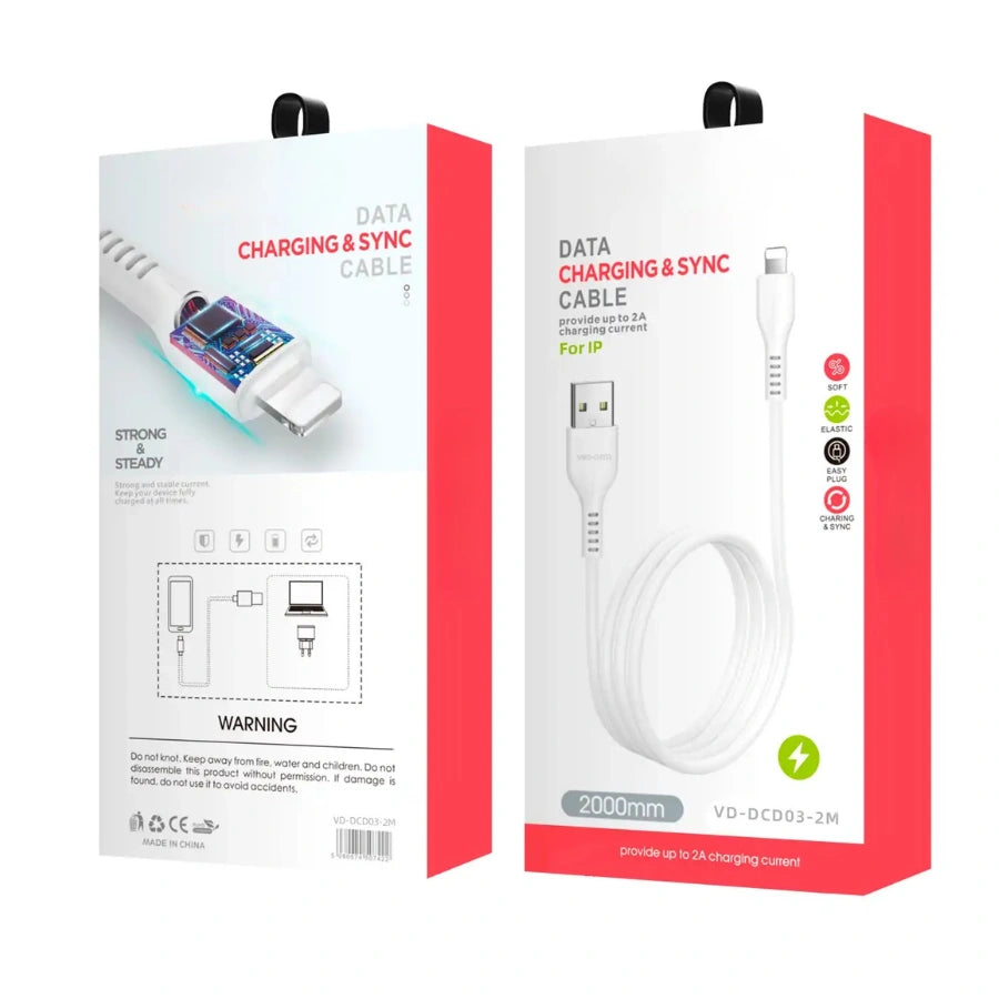 Retail packaging of the white USB to Type-C charging cable VD-DCD02-2M
