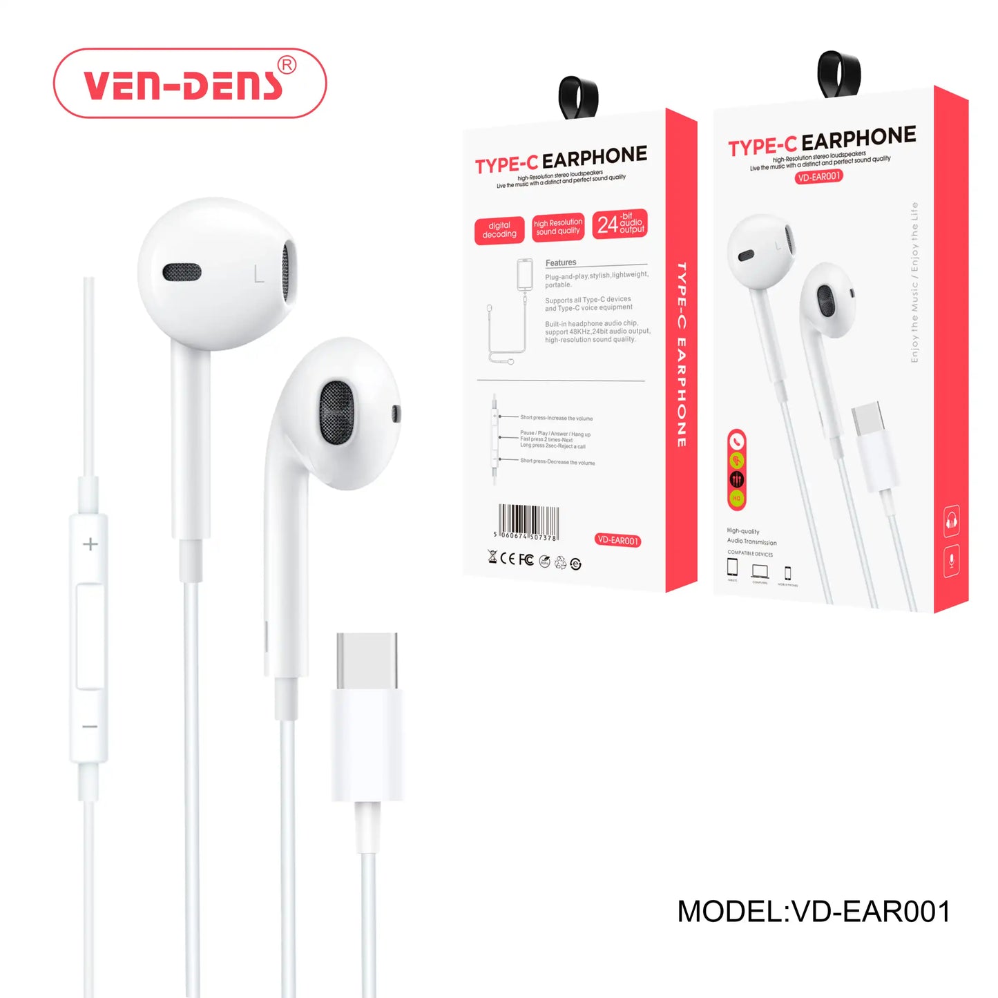 Type-C Wired Earphones with Mic & In-Line Volume Control | EAR001