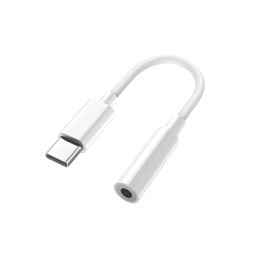 White USB-C to 3.5mm audio adapter isolated on a light background
